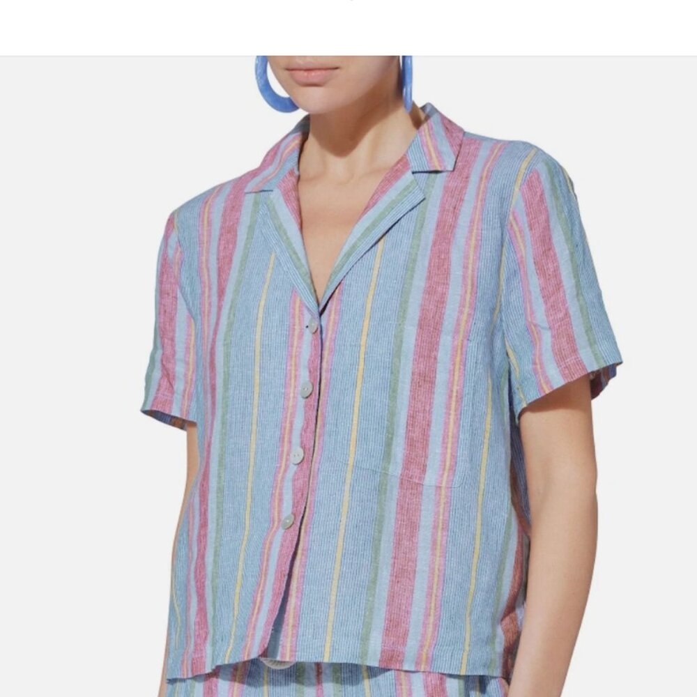FRAME 100% Linen Striped Crop Shirt  Madras Button Up Blouse Size Xs